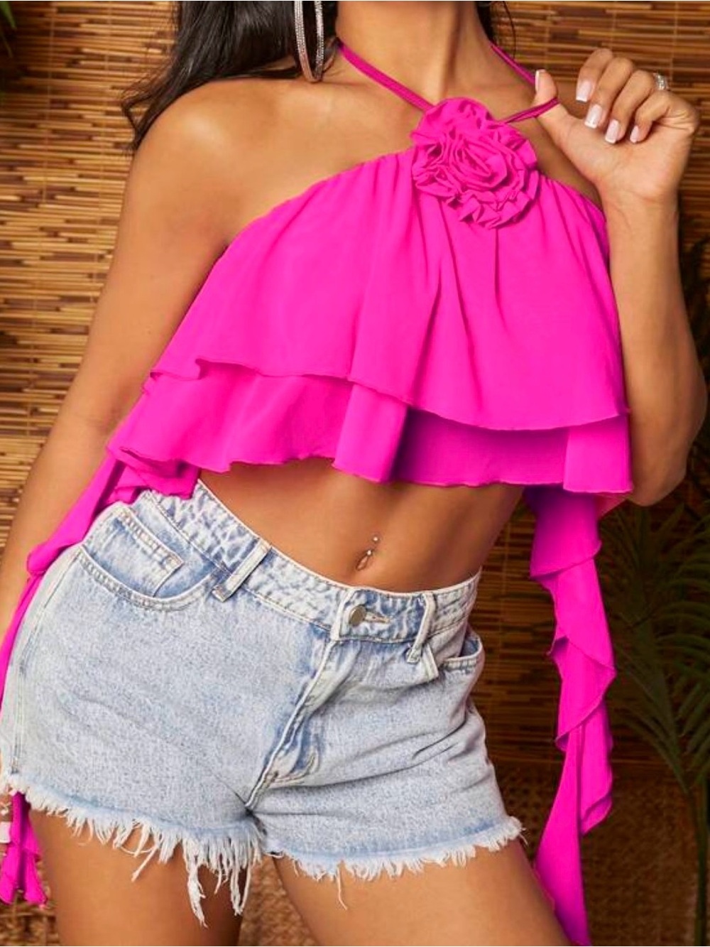 Bright Pink Ruffled Halter Crop Top with Floral Accent